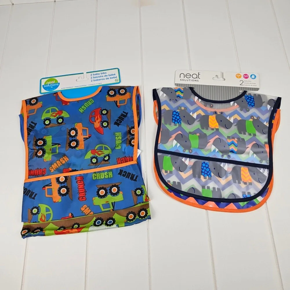 Neat Solutions: 4 Water-Resistant Baby Bibs-Trucks and Rhino